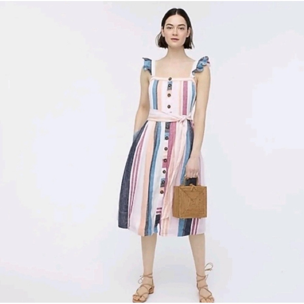 J. CREW Linen Dress Easter Midi Striped Button Colorful‎ Sundress Ruffle Long